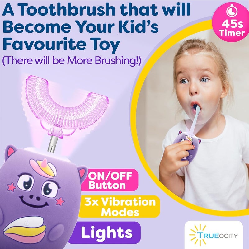 Trueocity Kids U Shape Toothbrush Auto Electric Toddler Rechargeable Kids Automatic Toothbrush | 360° U-Shaped Silicone Brush Head | Gentle Cleaning for Ages 2–7 | Unicorn Design (Purple) - Image 4
